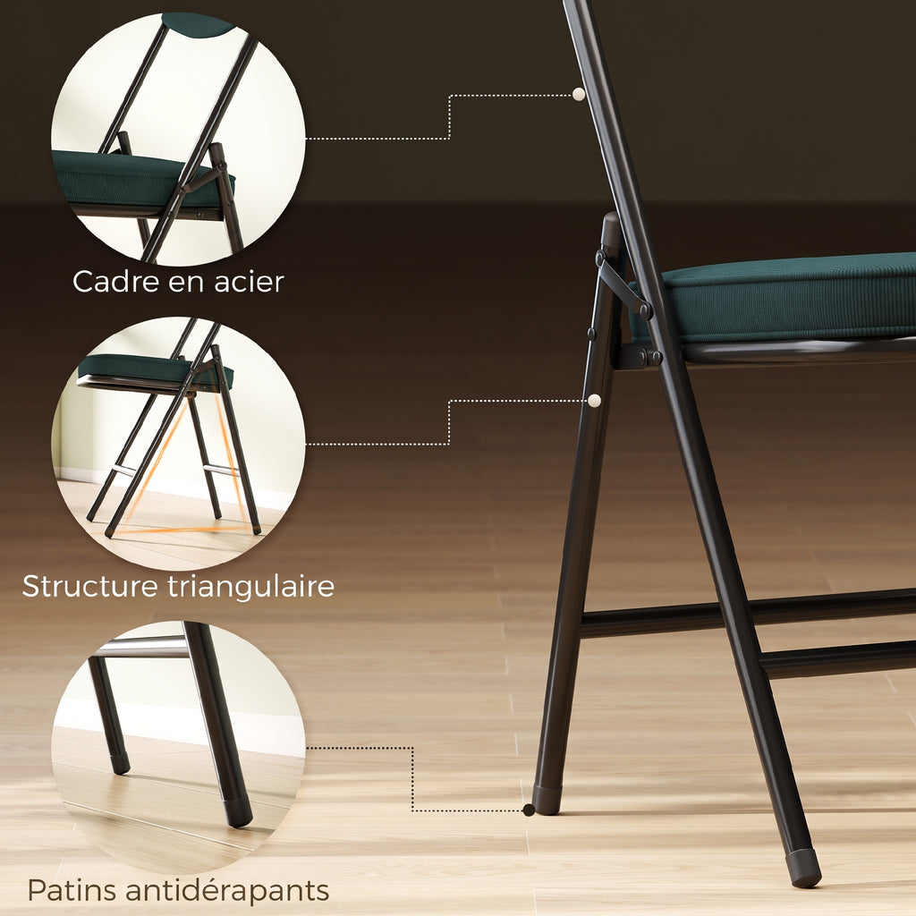 Lot de 2 chaises pliantes chaises de salle à manger portables avec assises et dossiers rembourrés en velours côtelé bleu-5
