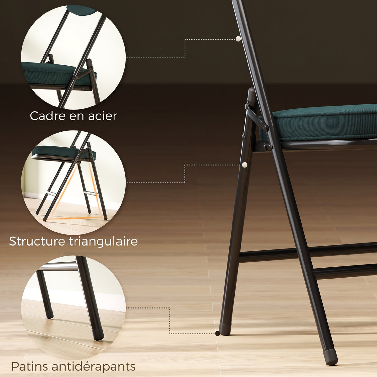 Lot de 2 chaises pliantes chaises de salle à manger portables avec assises et dossiers rembourrés en velours côtelé bleu-5