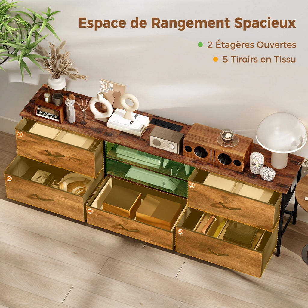 Meuble TV 160 cm, Meuble Télé 70 Pouces, Station de Charge, 5 Tiroirs en Tissu, Étagères Ouvertes, Brun Rustique-4