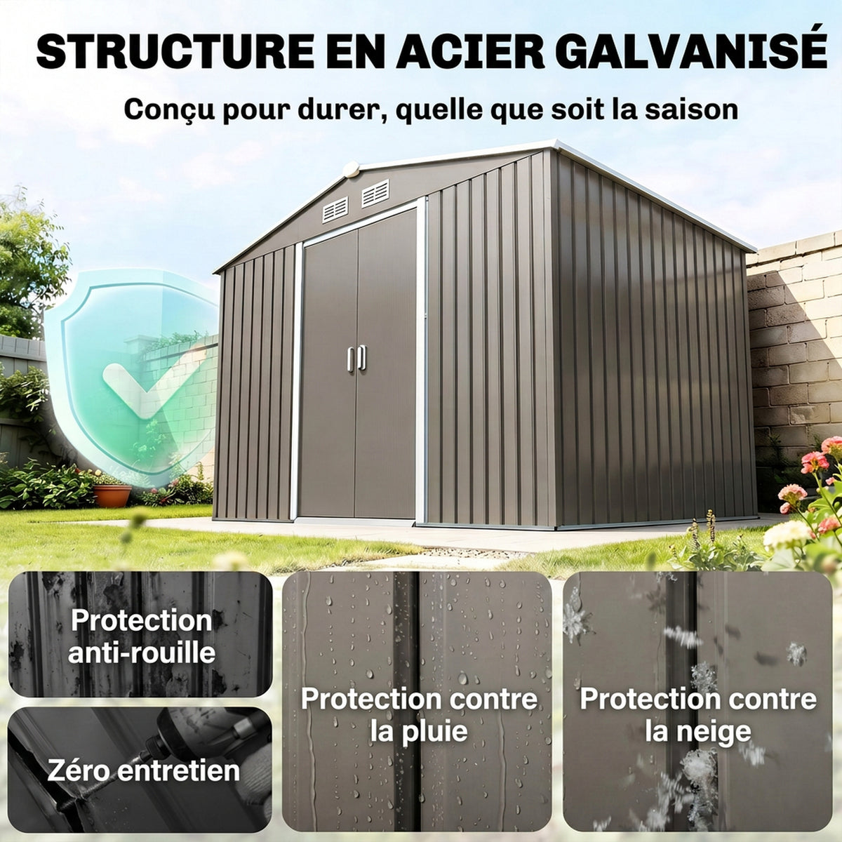 Abri de jardin 5,4 m² 2,77 x 1,95 x 1,92 m kit de fondation porte coulissante ventilations acier galvanisé, gris-3