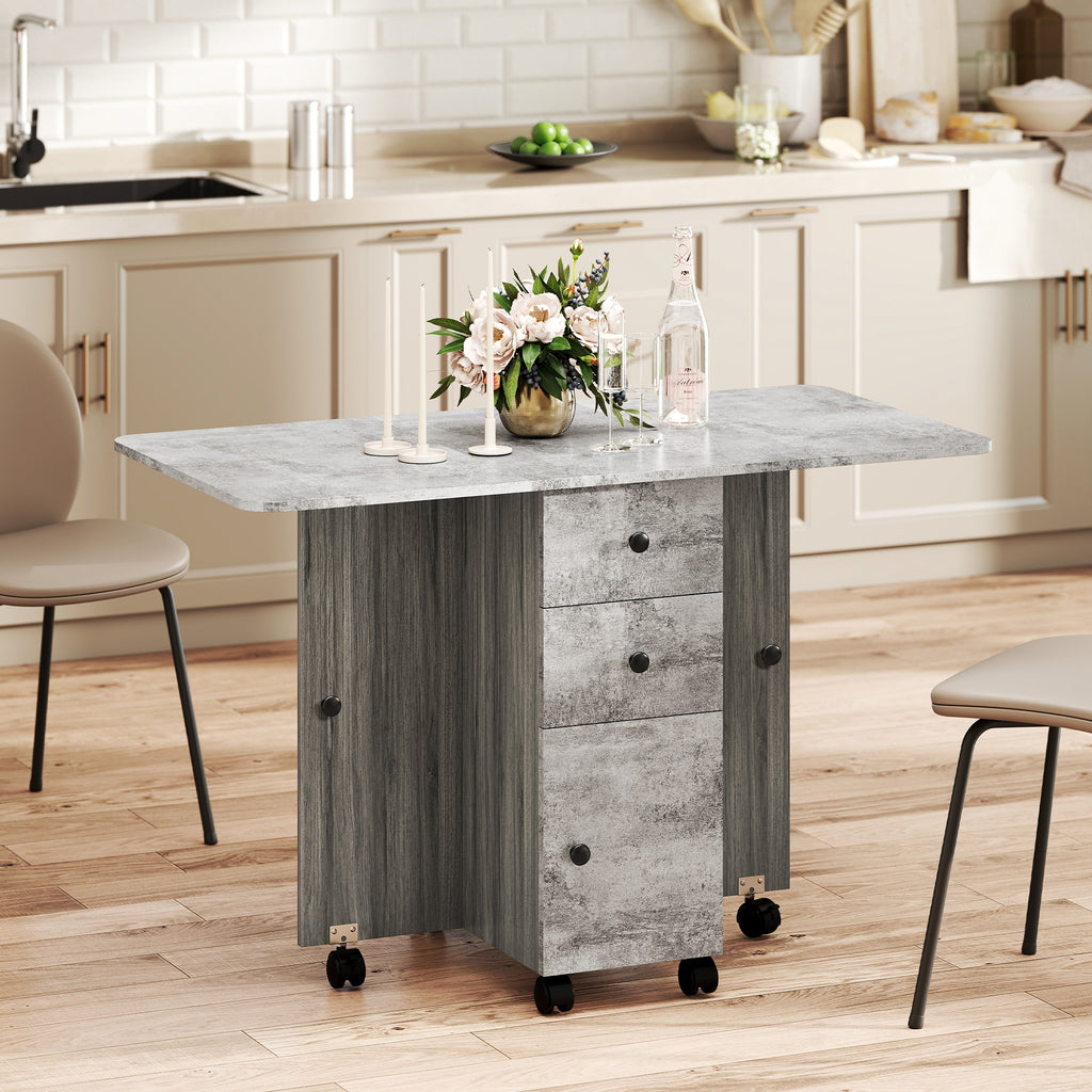 Table de cuisine pliable table à manger pliante 2 plateaux rabattables avec 2 tiroirs 1 placard et 1 étagère de rangement 120 x 60 x 76,5 cm - gris-9
