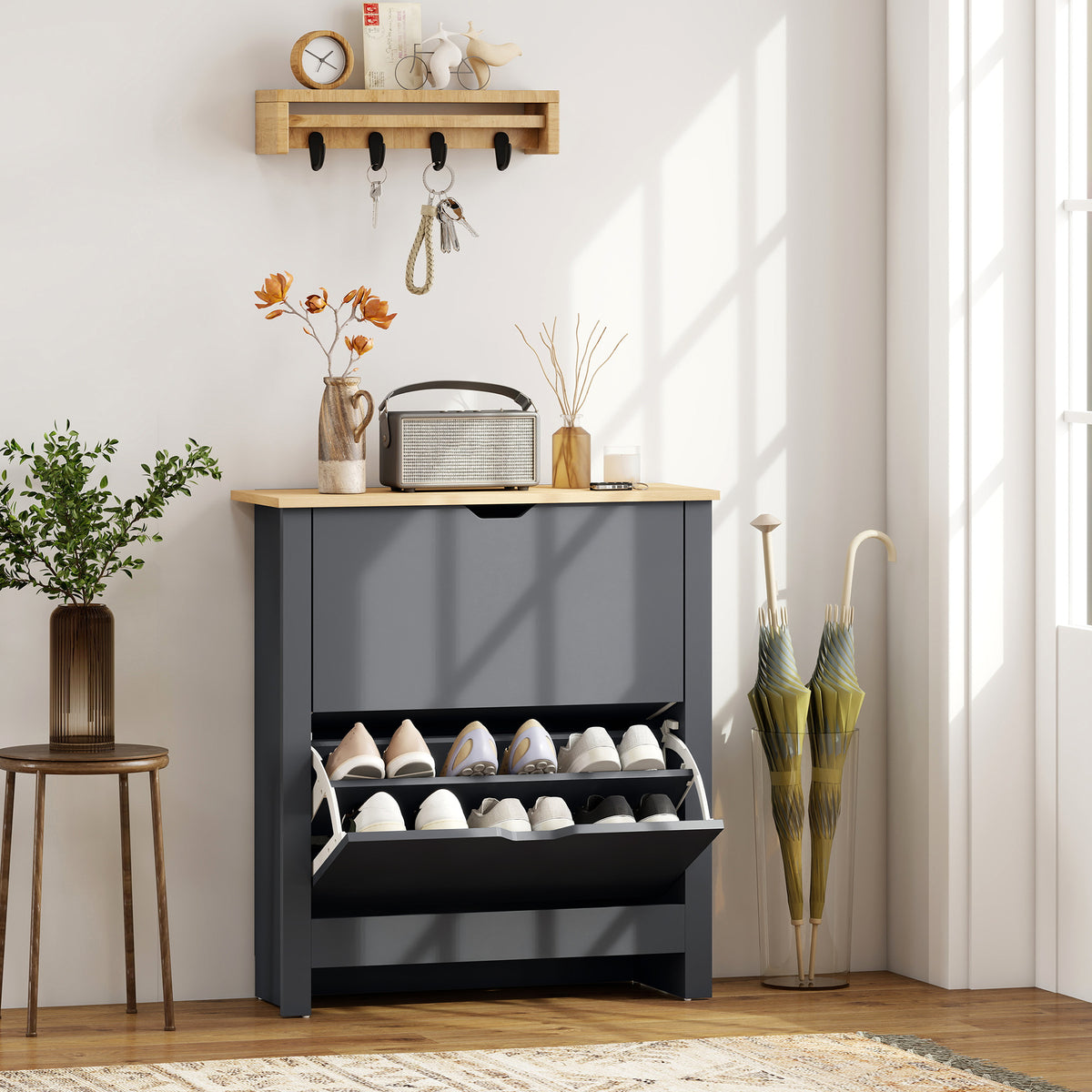 Meuble à chaussures 12 paires, armoire à chaussures étroite avec 2 tiroirs rabattables et étagères réglables, gris foncé-1