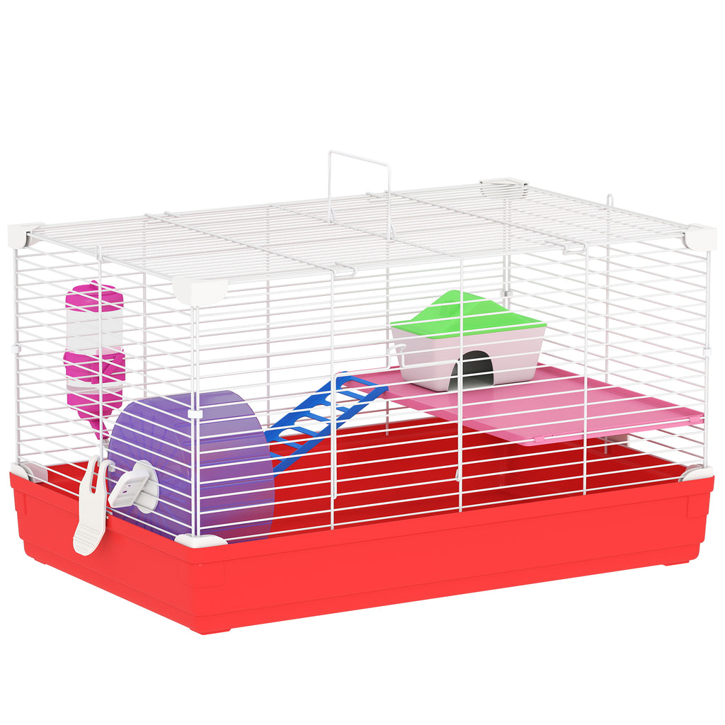 Cage hamster, cage rongeur à 2 niveaux, base amovible nettoyage facile, cabane, roue d'exercice, 47 x 30 x 27 cm, blanc-0