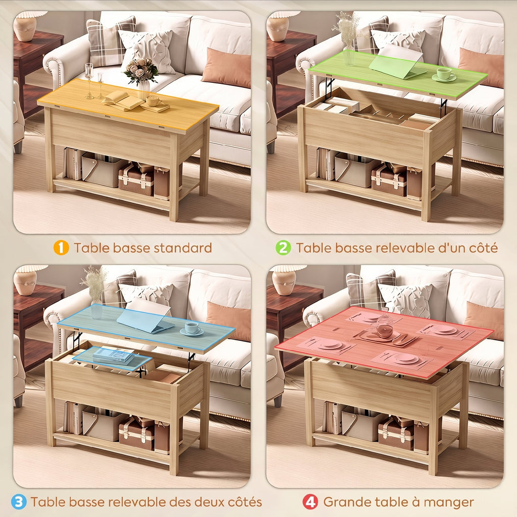 Table basse relevable et extensible table de salon avec compartiment caché étagère ouverte 100x45x50,5cm bois naturel-3