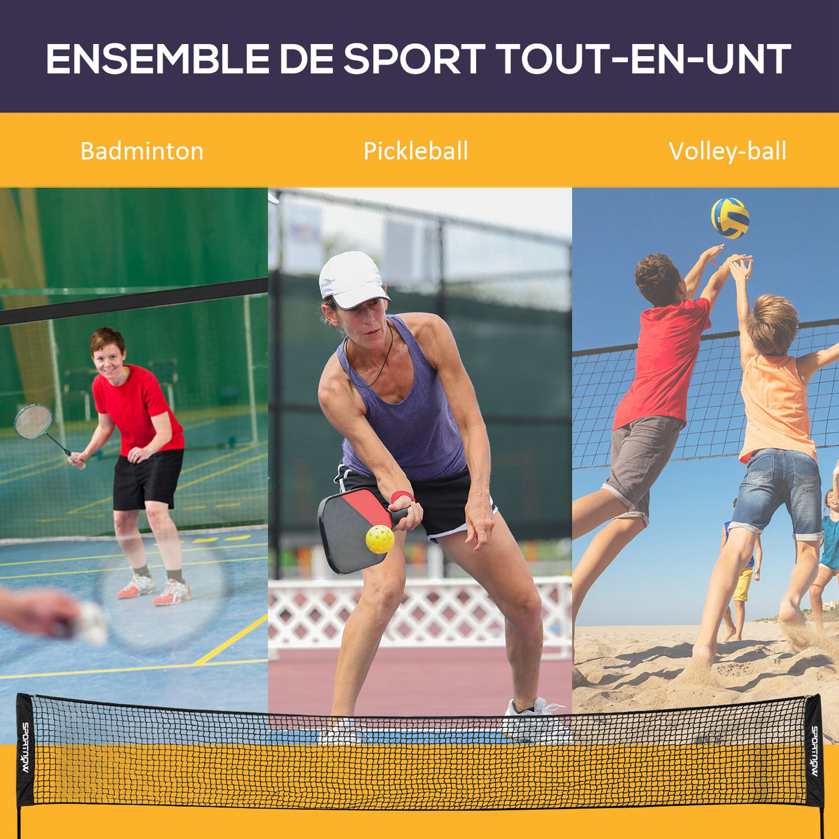 Ensemble set complet de badminton, pickleball et volleyball, 3 en 1, jeux sport extérieur avec filet hauteur réglable-3