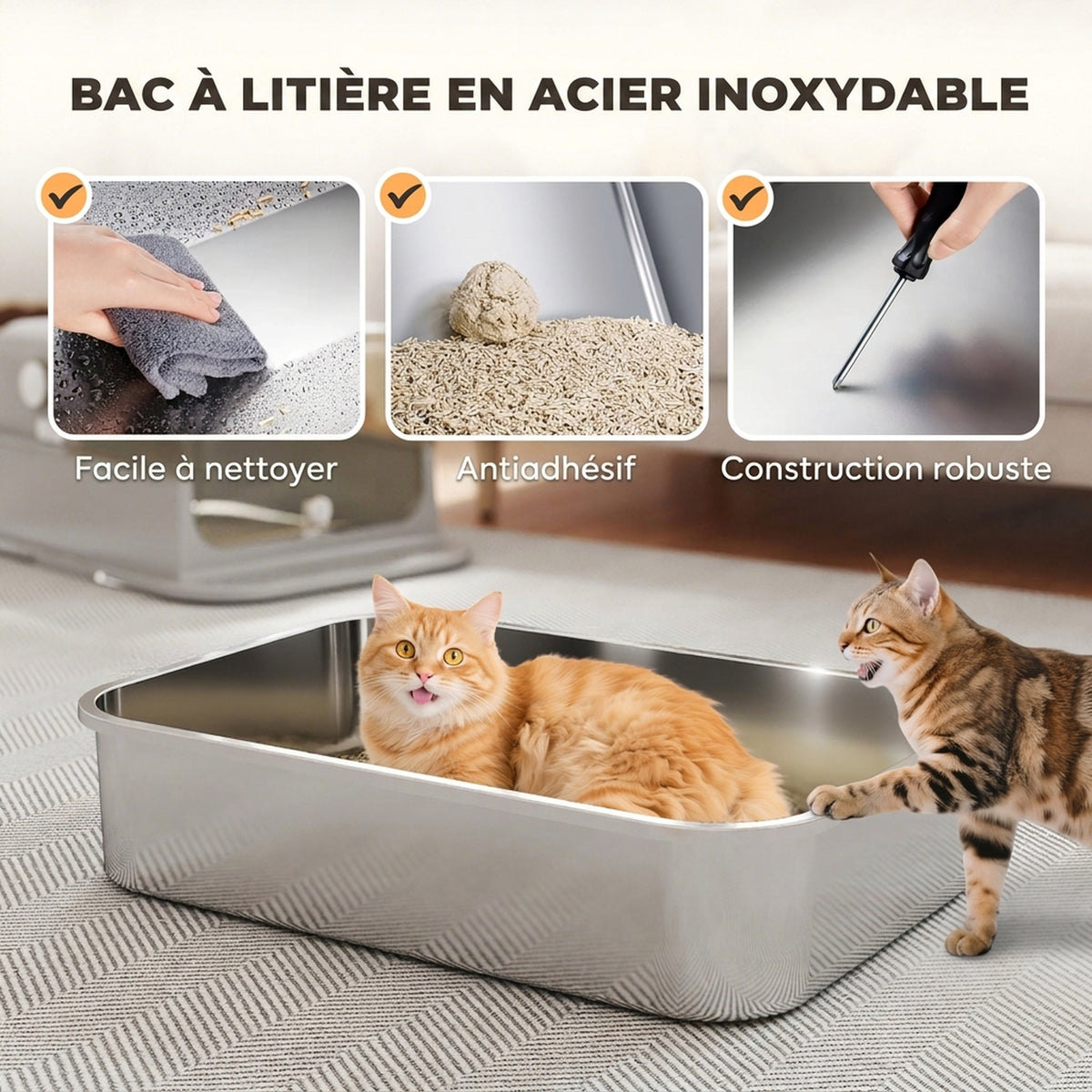 Maison de Toilette pour Chat XXL en Inox, Couvercle 90°, Double Porte, Filtre Frontal, Pelle, 70x50x46,5cm, Gris-3