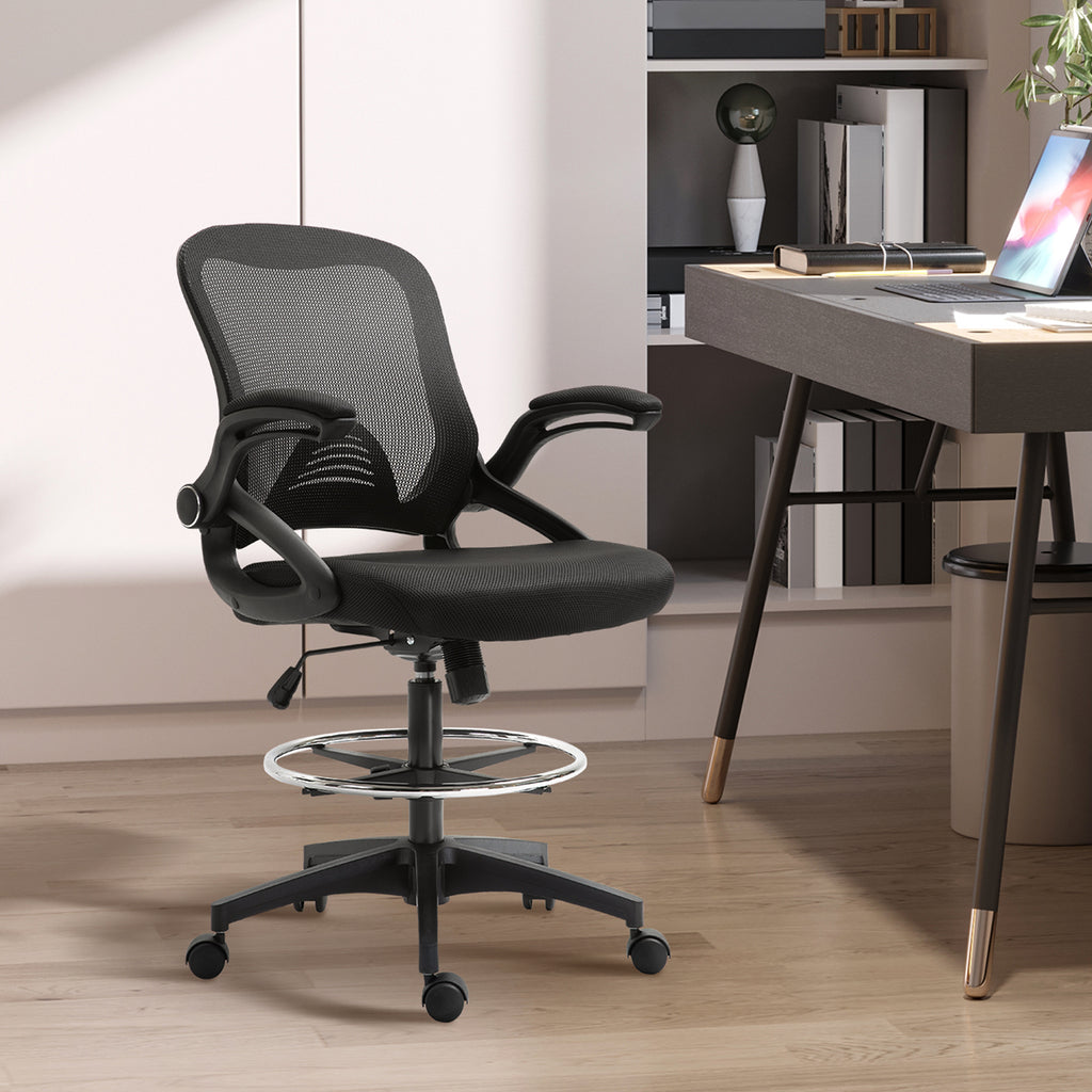 Chaise bureau ergonomique, fauteuil de bureau avec repose-pieds, chaise de dessin à dossier en maille, hauteur réglable, accoudoirs, assise rembourrée et pivotante 360°, noir-1