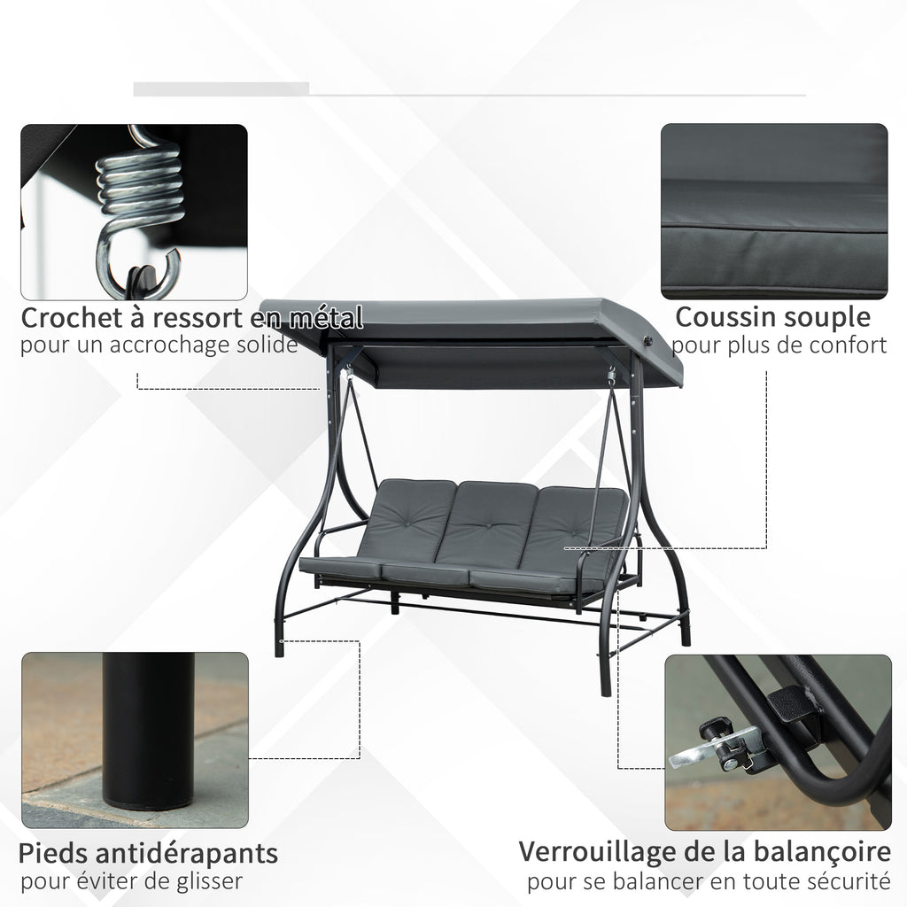 Balancelle de Jardin 3 Places Convertible Inclinaison Toit réglable Matelas Grand Confort Rembourrage 7 cm fourni-5