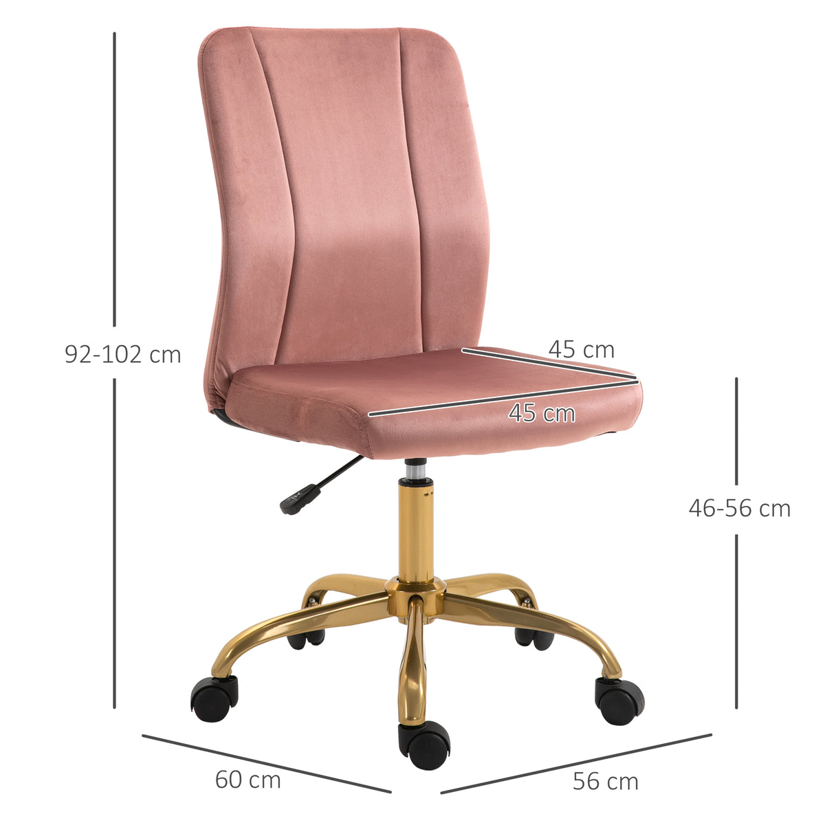 Chaise de bureau fauteuil pivotant 360° ergonomique hauteur réglable revêtement velours  rose et doré-2
