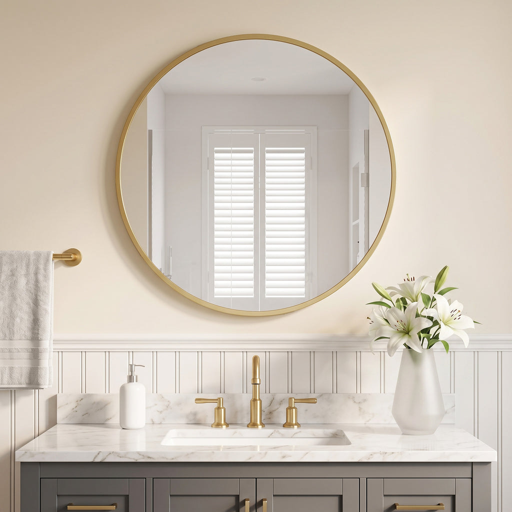 Miroir mural rond Ø 61 cm, cadre en alliage d'aluminium, pour salle de bain, chambre, salon, couloir, doré-9