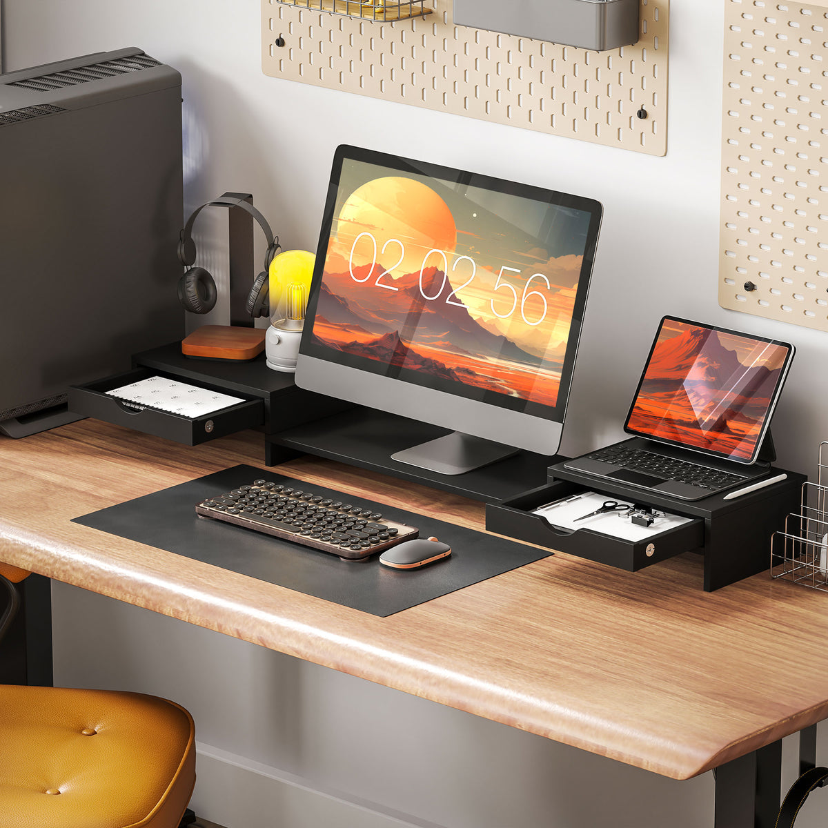 Rehausseur Écran PC Bureau, Support d'Écran d'Ordinateur de 60-116 cm avec 2 Tiroirs, Longueur et Angle Réglables Noir-9