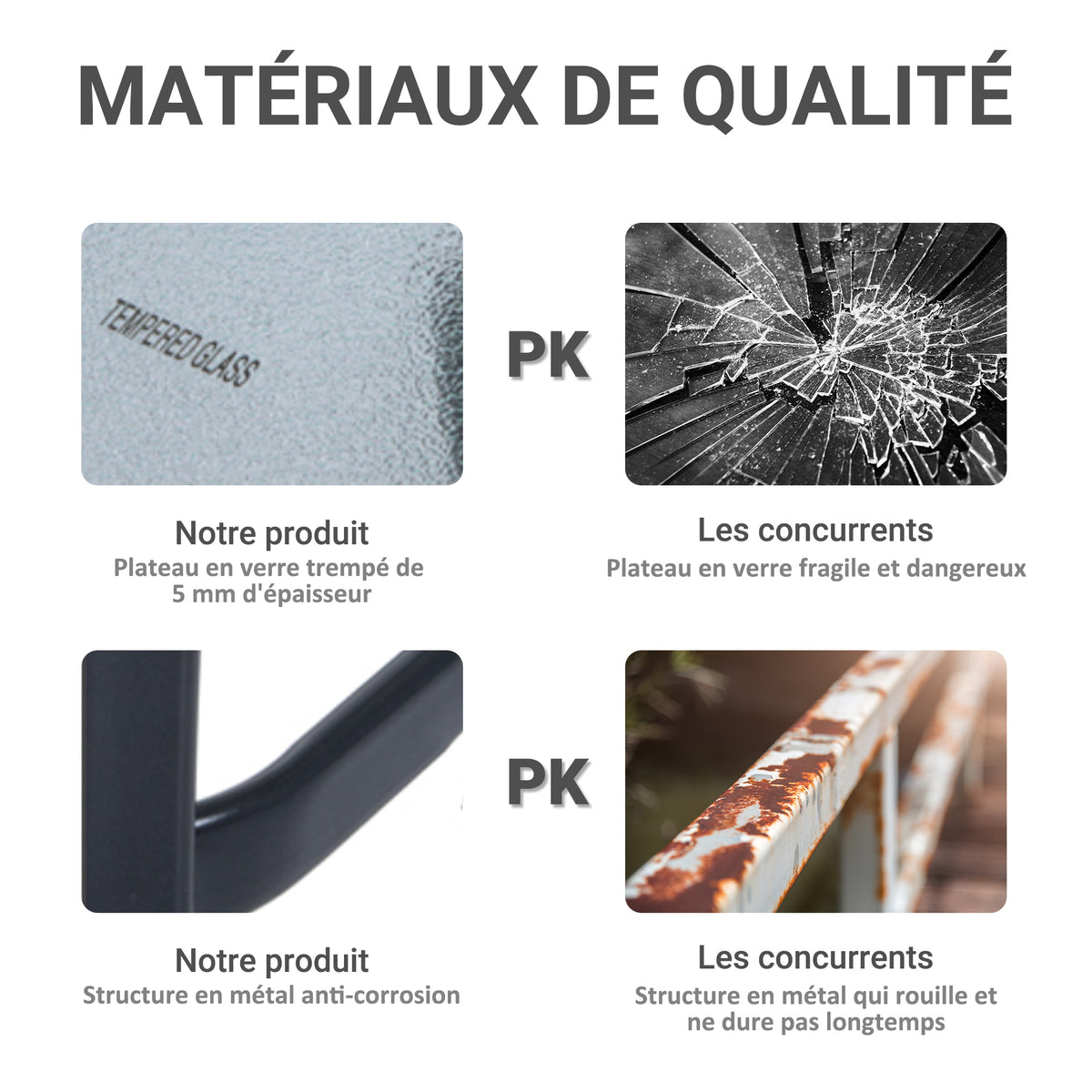 Table carrée Bistro de Jardin dim. 68L x 68l x 84H cm métal époxy Gris Plateau Verre trempé granité-4