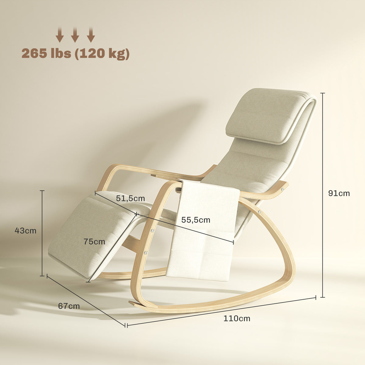 Fauteuil relax à bascule fauteuil allaitement avec repose-pieds réglable, poche latérale et appui-tête, blanc crème-2
