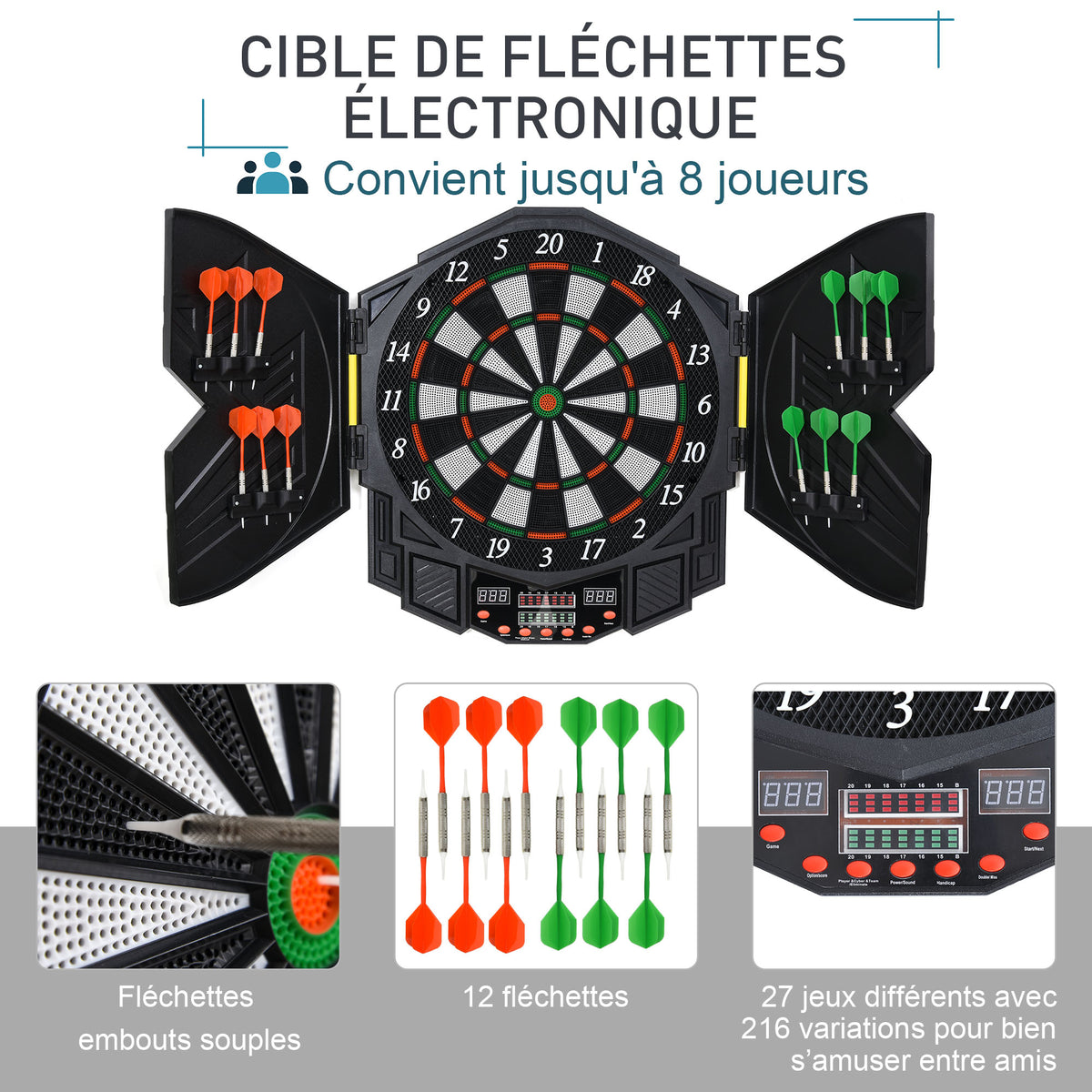 Cible de Fléchettes Électronique 27 Jeux jusqu'à 8 Joueurs LED Haut-parleur Noir-5