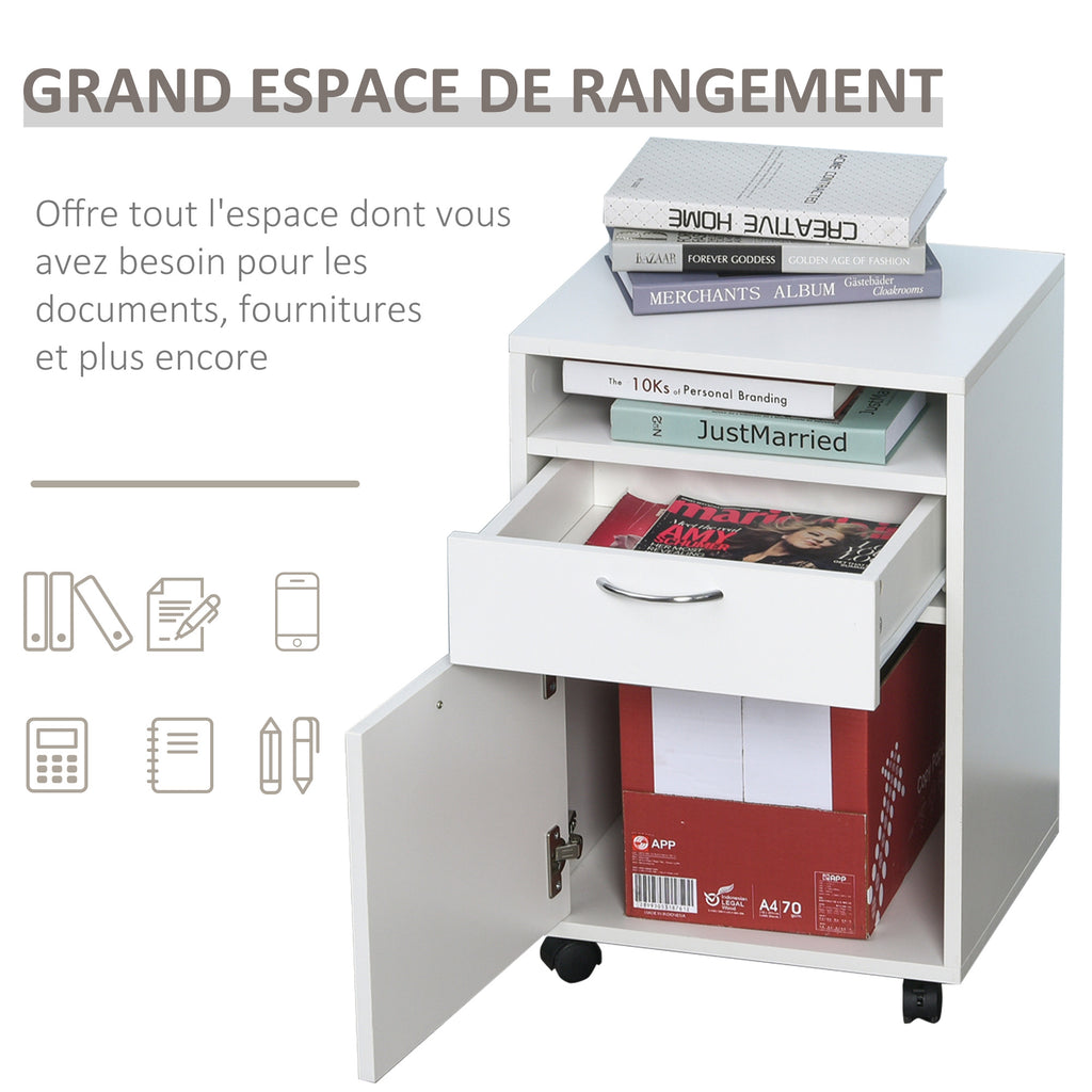Caisson de bureau rangement bureau sur roulettes tiroir placard niche panneaux particules blanc-3
