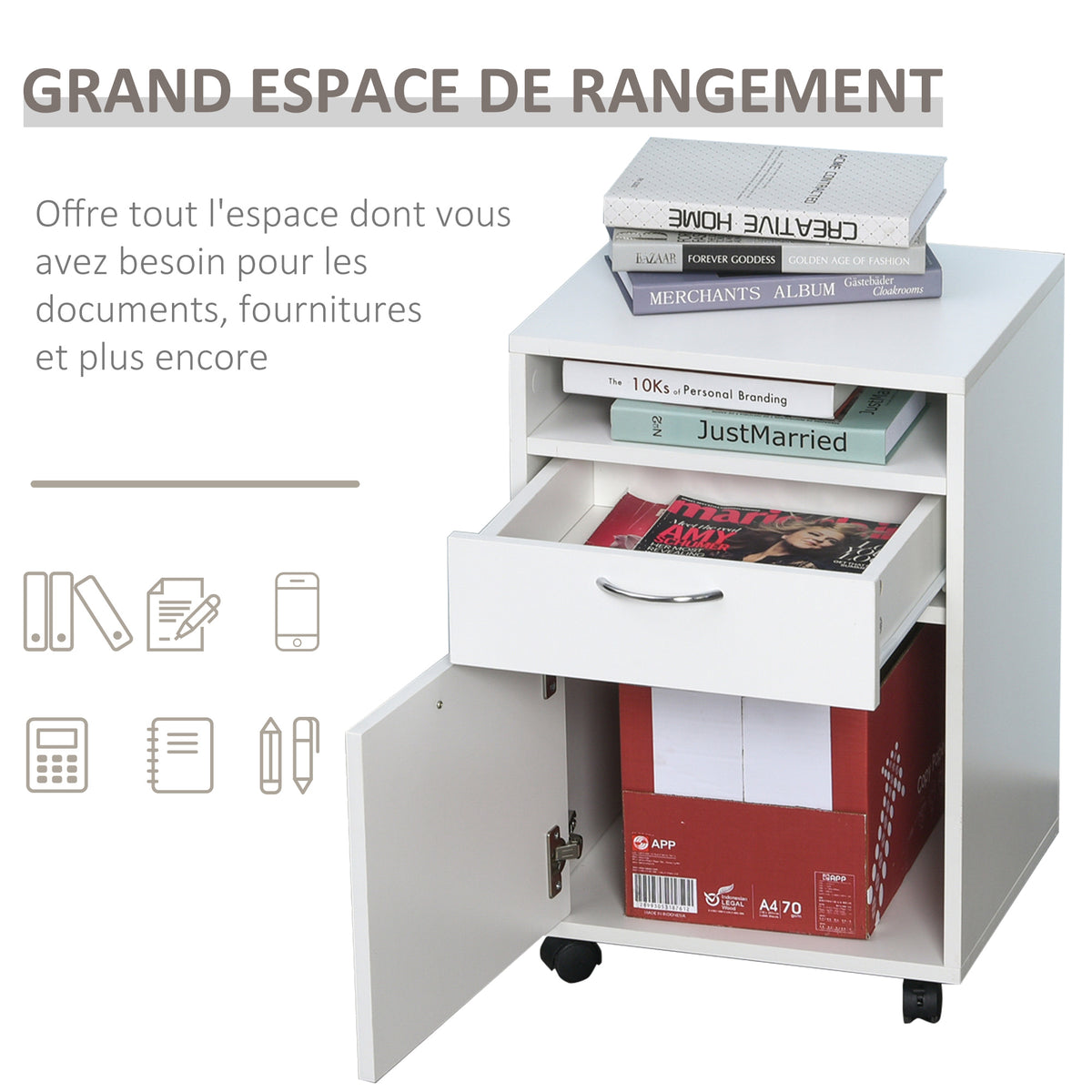 Caisson de bureau rangement bureau sur roulettes tiroir placard niche panneaux particules blanc-3