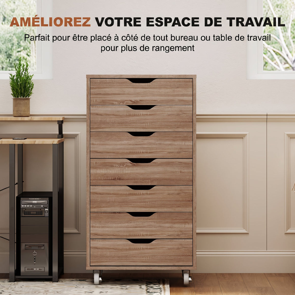 Caisson de bureau à roulette meuble rangement bureau avec 7 tiroirs organisateur pour documents, format A4 ou lettres-3