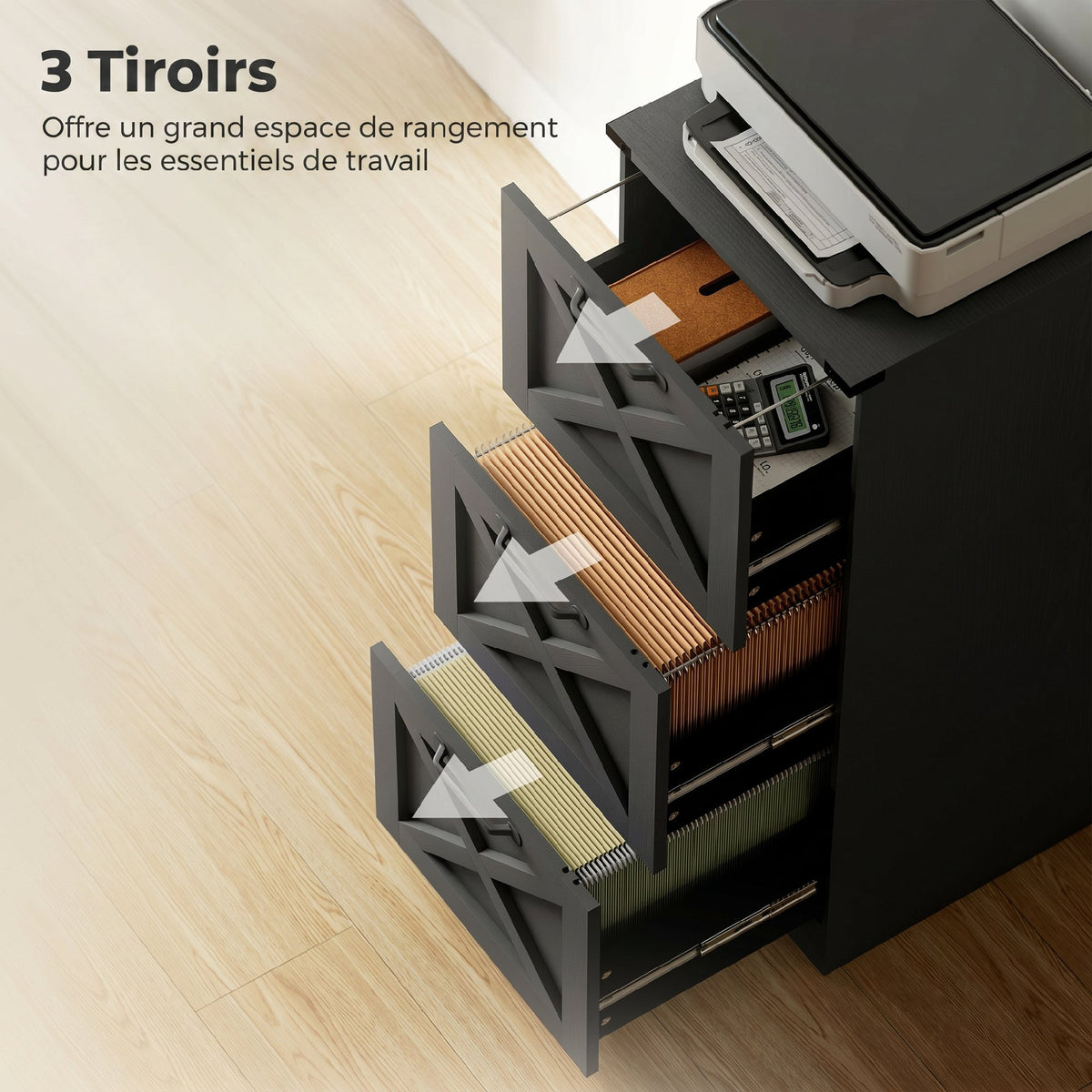 Caisson de Bureau avec 3 Tiroirs, Dossiers Suspendus pour Formats Lettre/A4, Style Rustique, 40x40x101cm, Noir-4