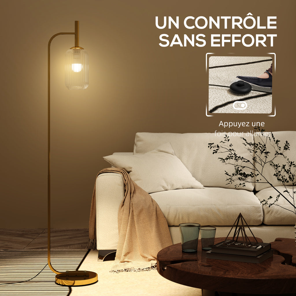 Lampadaire sur pied salon lampe sur pied avec abat-jour en verre texturé interrupteur à pied 29 x 25 x 152 cm métal or-5