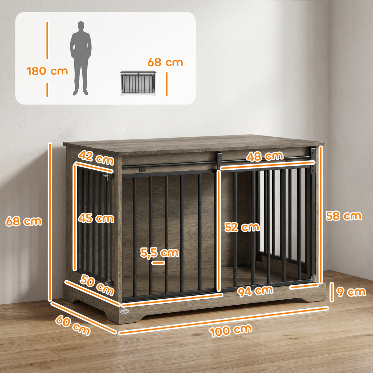 Cage pour Chien en Bois et Acier avec Porte Coulissante, Table d'Appoint, Niche Moderne, 100x60x68cm, Effet Bois Gris-2