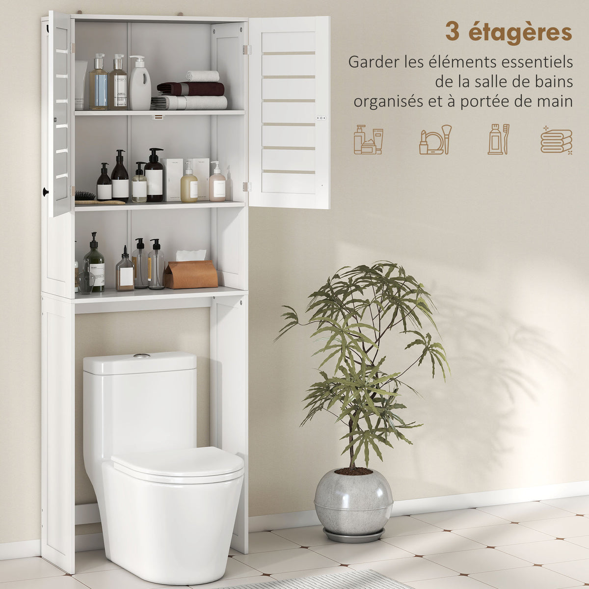 Meuble WC dessus de toilette/machine à laver avec placard à porte double, portes à persiennes, 67x31,5x190cm, blanc-3