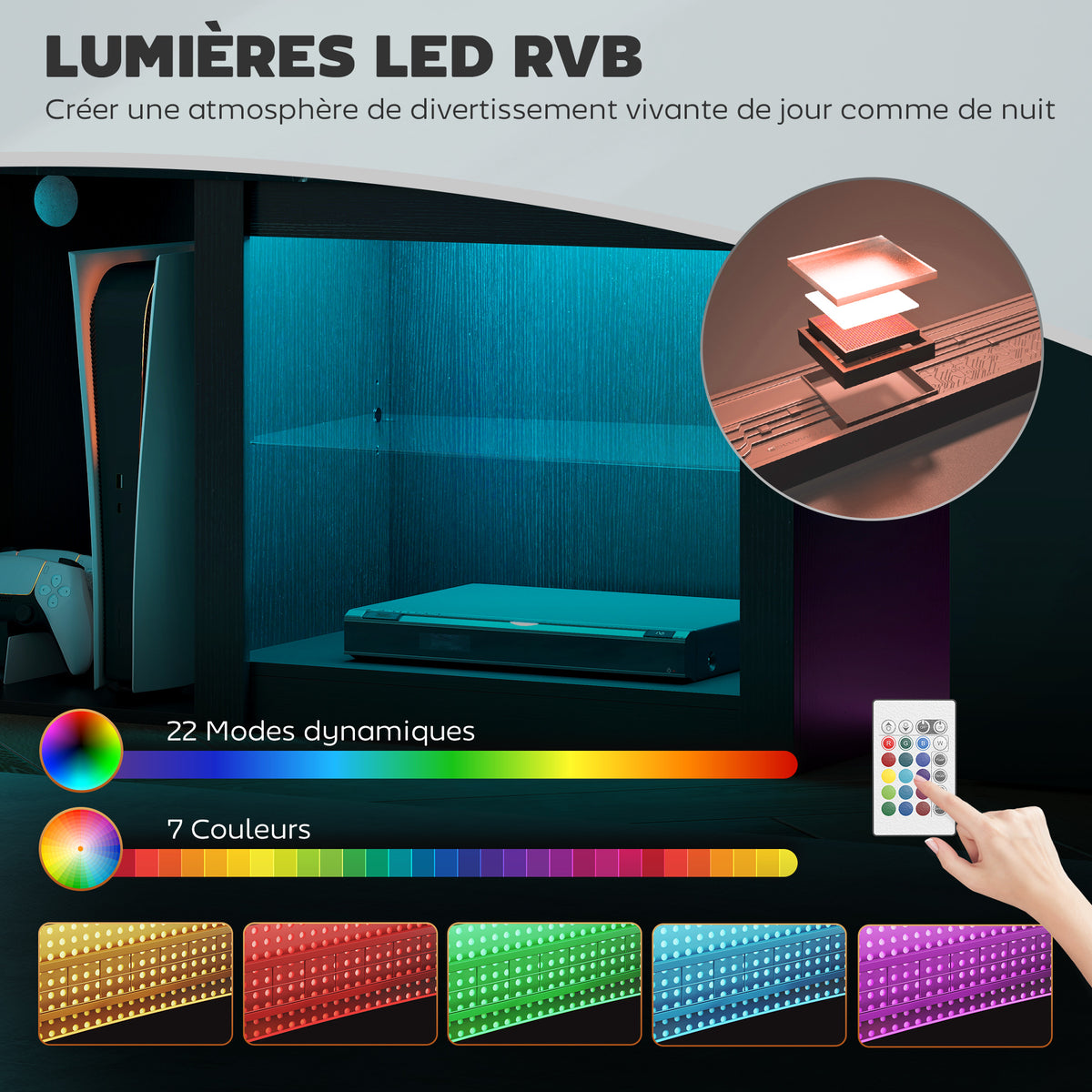 Meuble TV avec éclairage LED pour télévision jusqu'à 70 pouces, 160cm avec étagères en verre réglables, noir-3