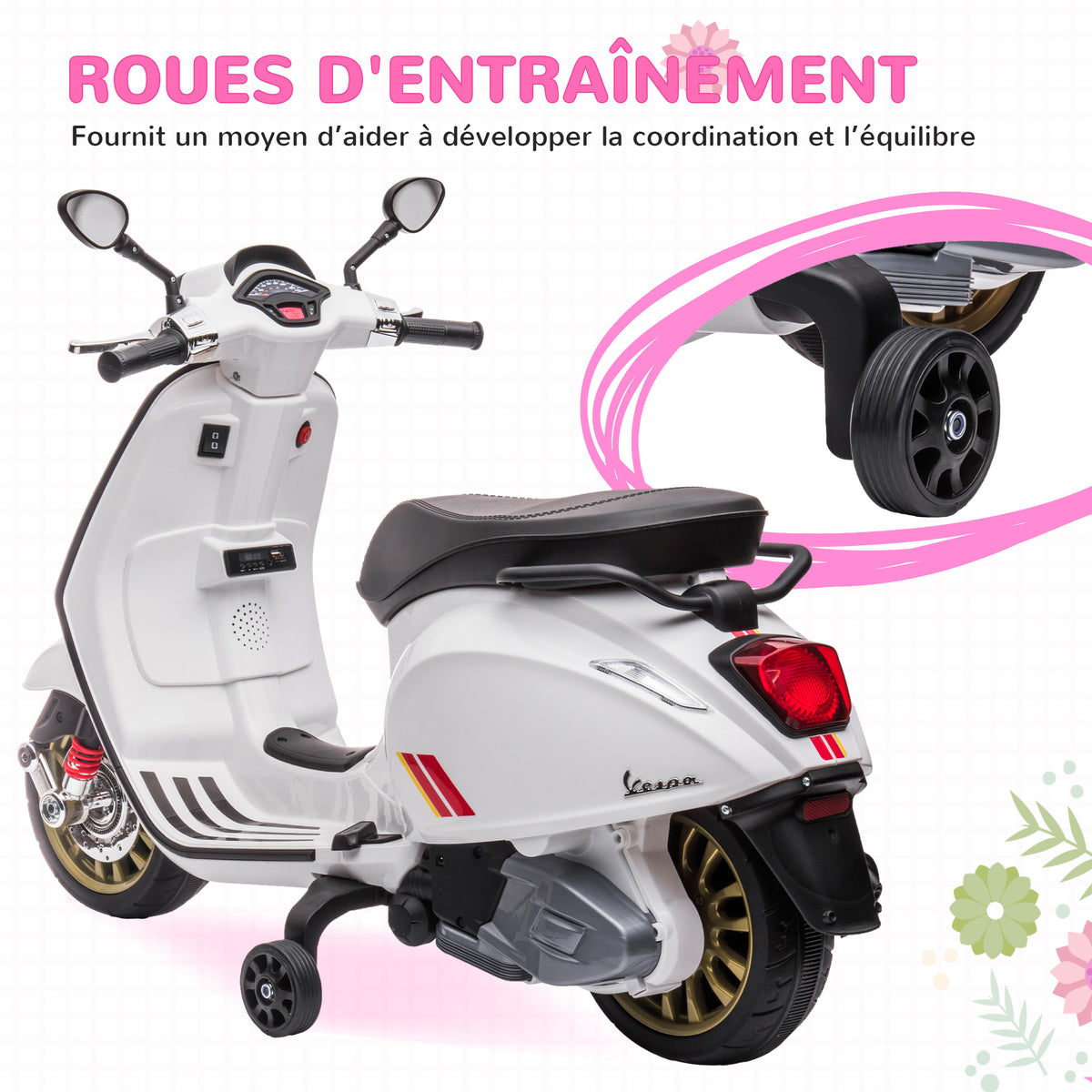 Scooter électrique enfant Vespa 6 V dim. 107L x 47l x 73H cm Musique MP3 Port USB Phare 2 roues d'entraînement - Blanc-5