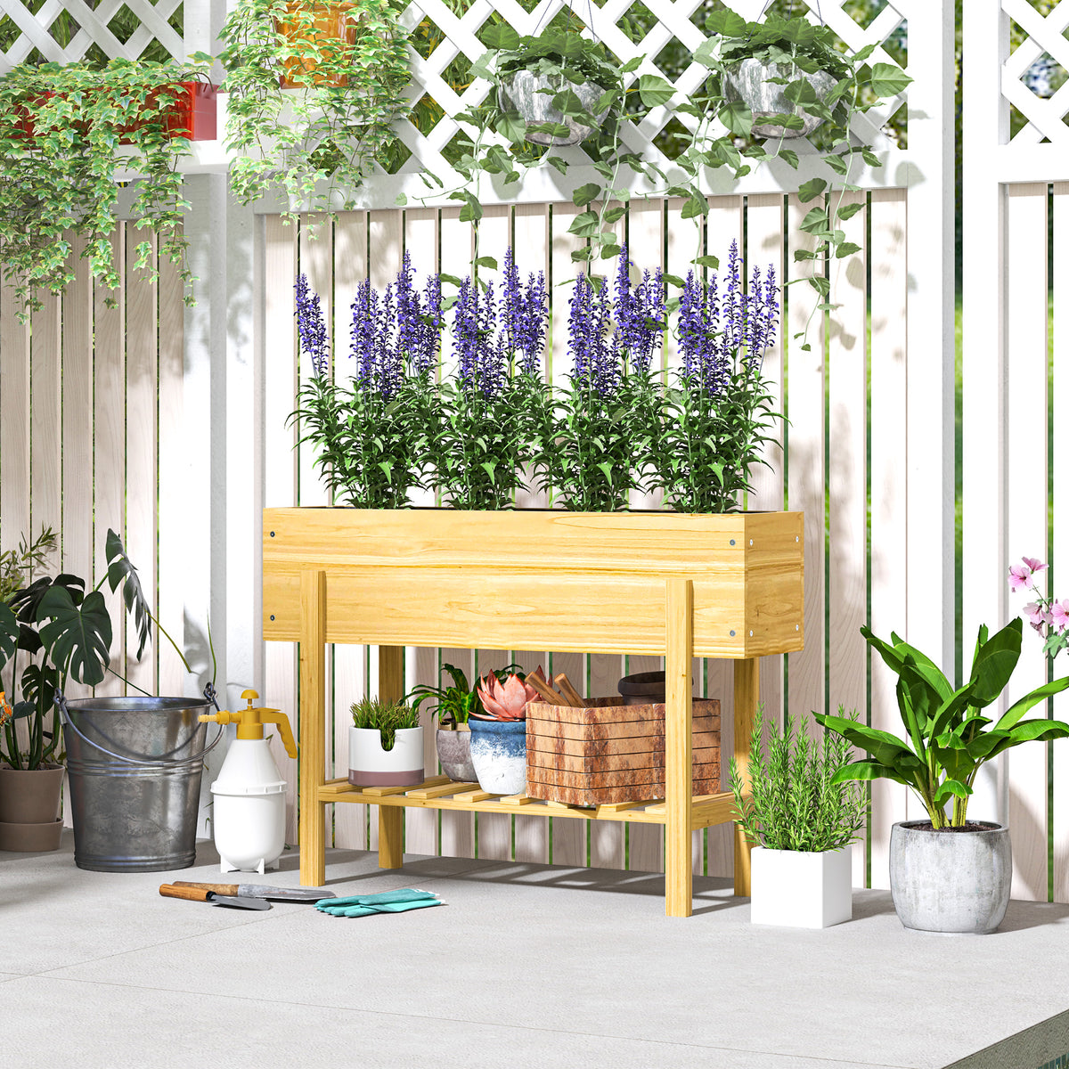 Jardinière sur pieds carré potager de jardin sur pieds avec 2 trous de drainage en bois 100 x 30 x  70,5 cm bois naturel-1