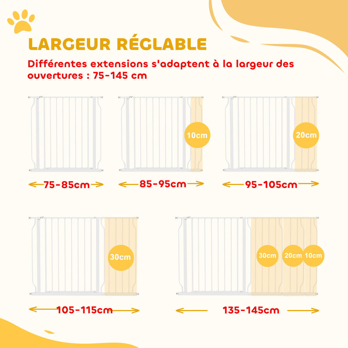 Barrière de sécurité chien barrière extensible 75-145 x 76 cm barrière escaliers couloirs portes sans perçage en acier et ABS blanc-3
