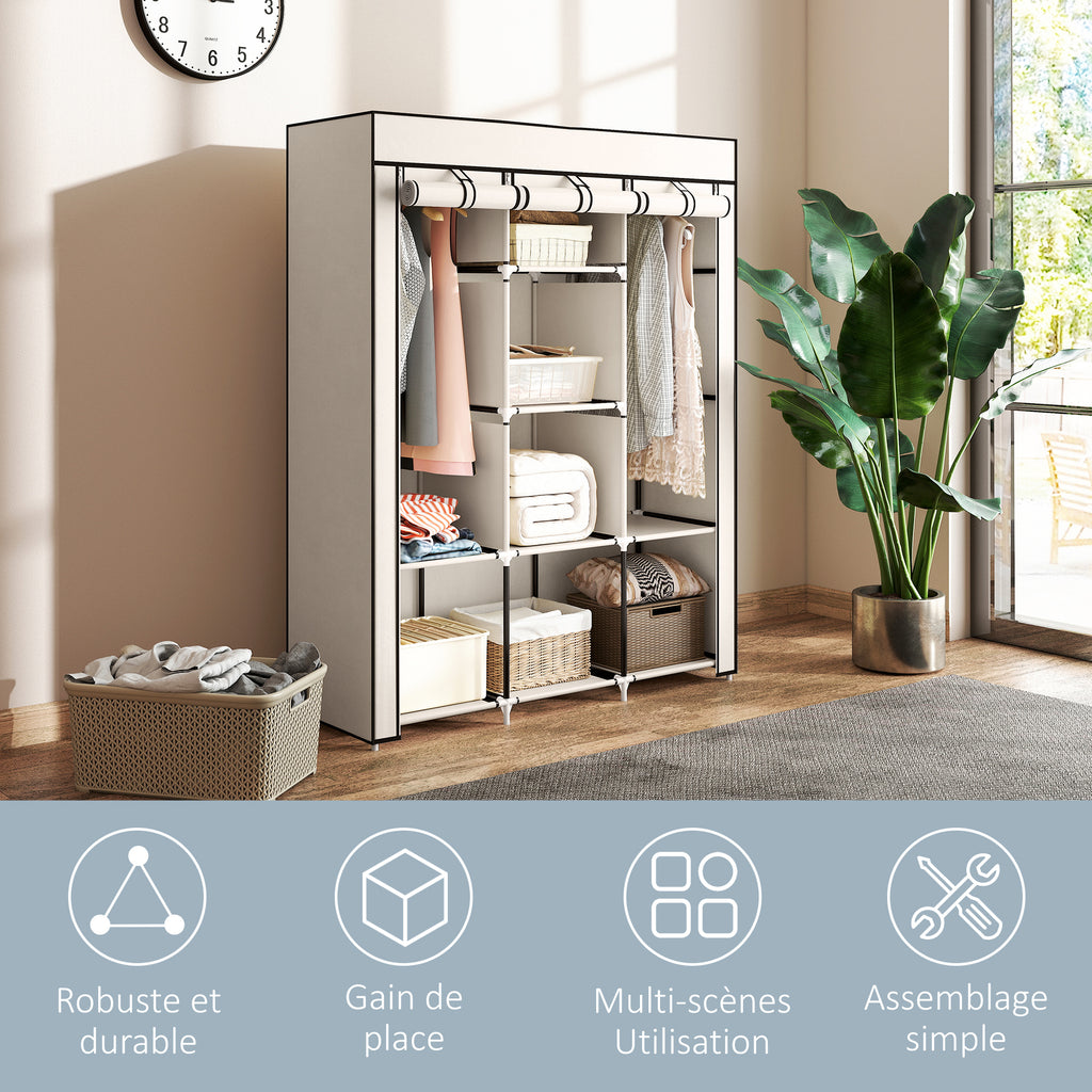 Armoire penderie multi-rangement - 8 étagères, 2 barres - non tissé crème-5