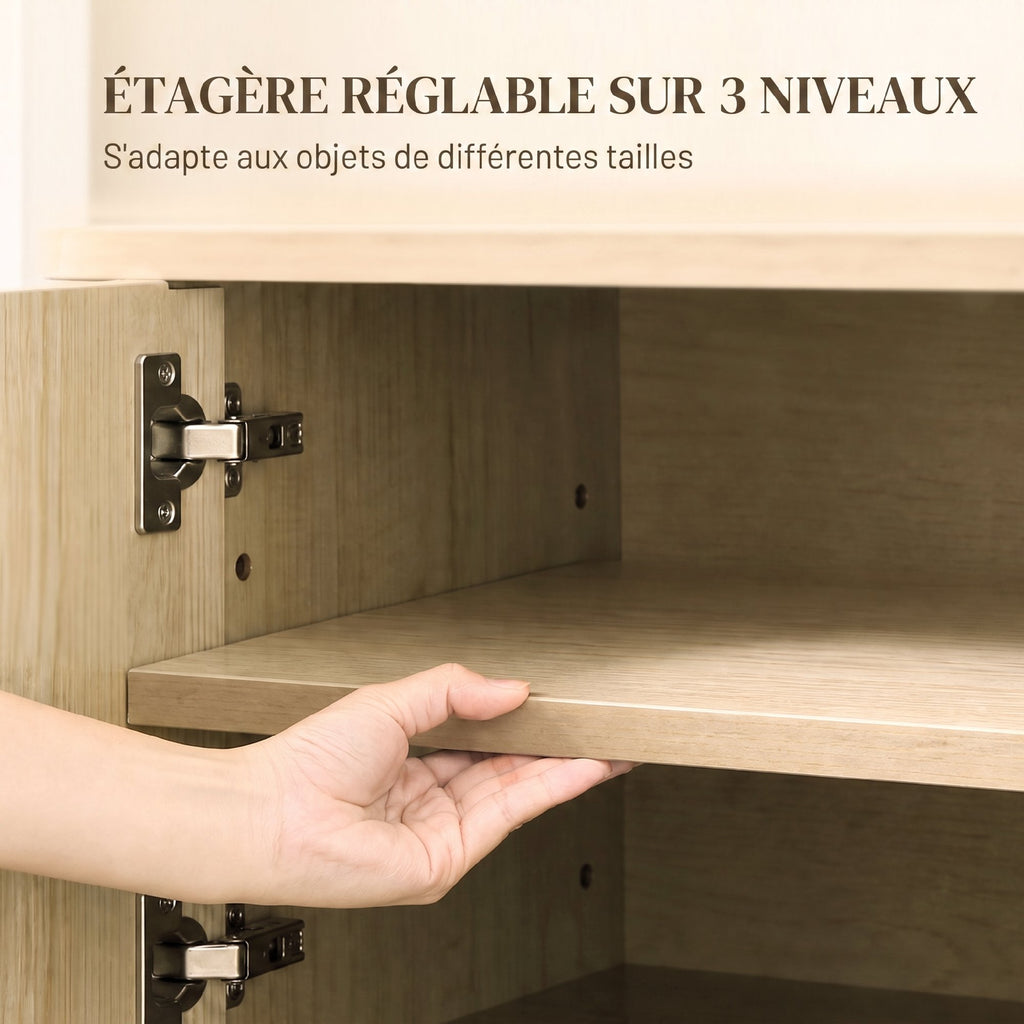 Meuble TV 140 cm, Meuble Télé pour Téléviseur jusqu'à 60 Pouces, 4 Portes Cannelées et Étagères Réglables, Chêne-6