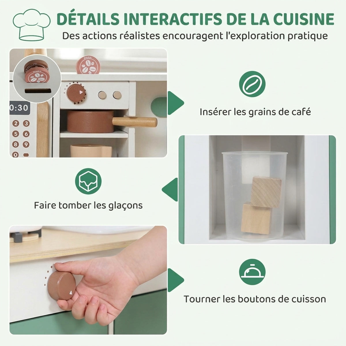 Cuisine Enfant en Bois 19 Accessoires, Cafetière, Machine à Glaçons, Micro-Ondes, Placard, 3-6 Ans, 61x27x79,7cm, Vert-4