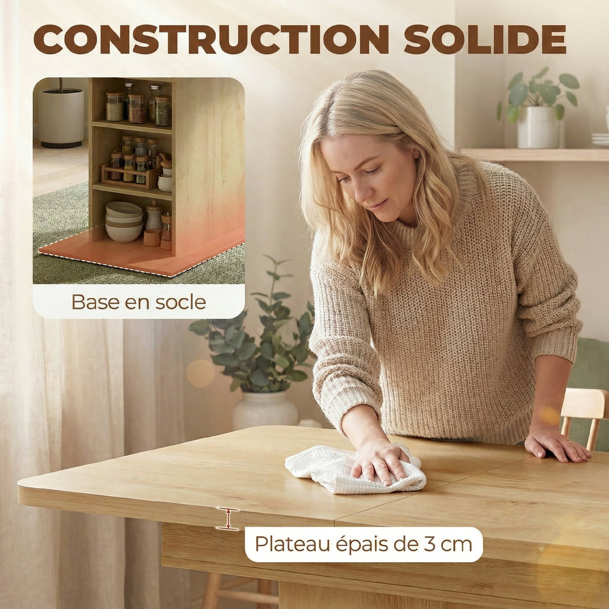 Table à manger extensible rectangle pour 4 à 6 personnes, table de cuisine 110-130 cm, 6 étagères ouvertes, bois naturel-7
