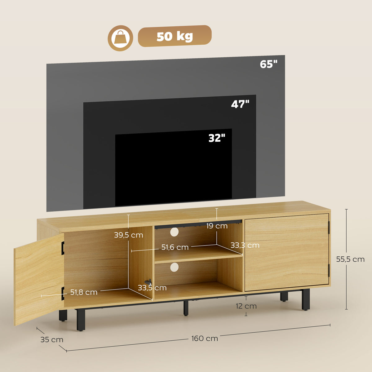 Meuble TV, meuble télé jusqu'à 65 pouces, 2 portes à ouverture par pression et 2 étagères, 160x35x55,5cm, bois naturel-2