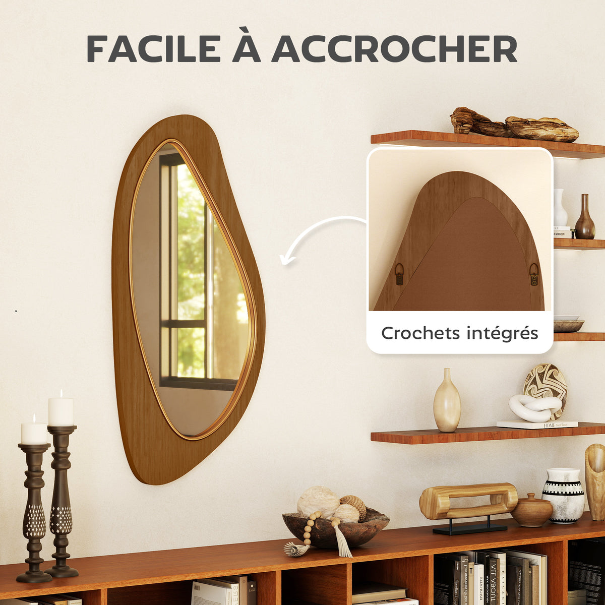 Miroir mural asymétrique 91,5 x 45 cm, miroir suspendu moderne, cadre en bois, effet bois naturel-4