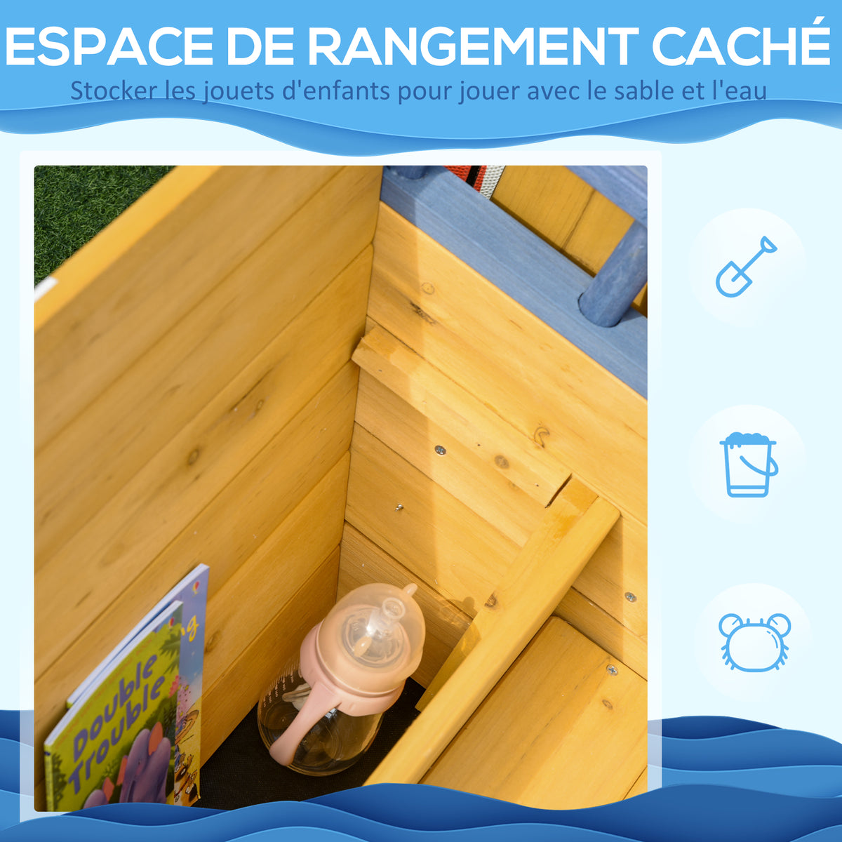 Bac à sable forme de bateau pirate boîte à sable pour enfant gouvernail drapeau rouge 2 marches et espace de rangement-7