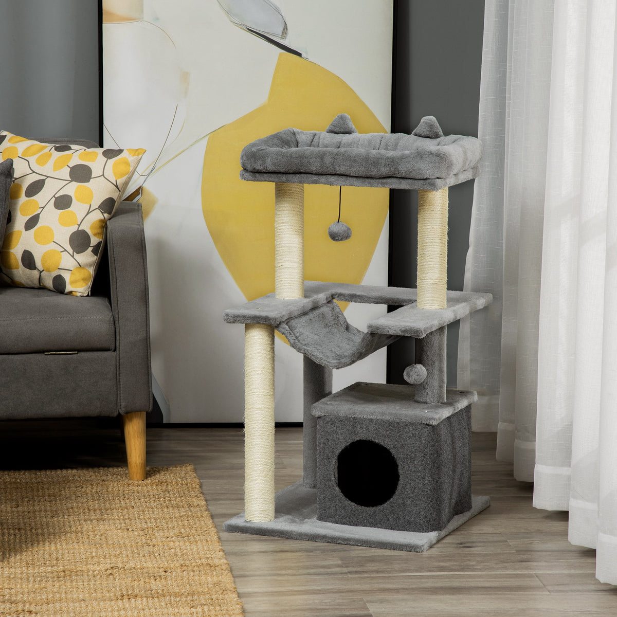 Arbre à chat avec griffoir, en tissu peluche, tour de jeux pour chat, lit, niche, hamac, plateforme 48 x 48 x 90 cm gris-1