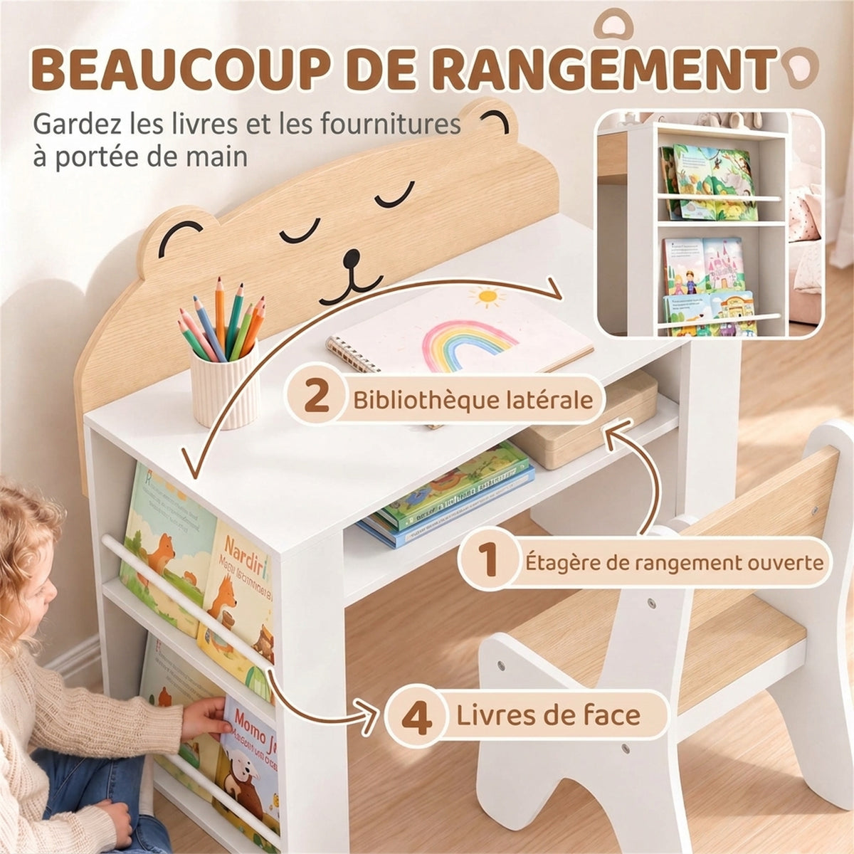 Bureau et Chaise pour Enfant 2 Pièces, Ensemble Table d'Activité avec Bibliothèque pour Dessin, Lecture et Jeux, Blanc-4