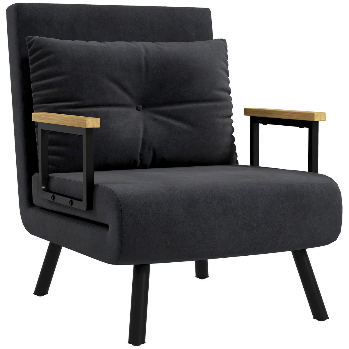 Fauteuil convertible 4 en 1 lit 1 place dossier 5 positions, accoudoirs en bois et coussin, tissu effet velours, noir-0