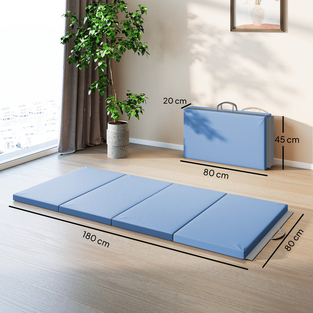 Tapis de gymnastique yoga pilates fitness pliable en 4 avec poignées revêtement synthétique 180 x 80 x 5 cm bleu clair-2