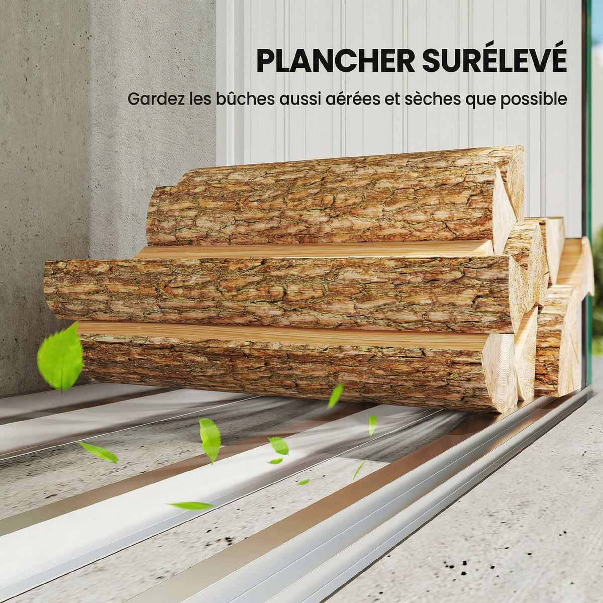 Abri-bûches Couvert Support pour Bois de Chauffage Plancher Surélevé Toit Incliné, Acier Galvanisé 213x66,5x150cm Vert-4