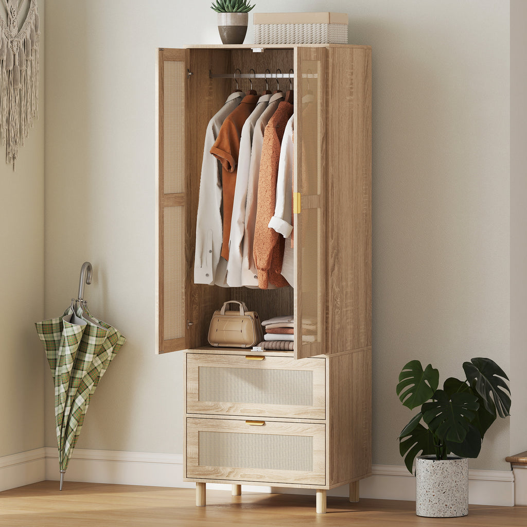 Armoire chambre penderie avec 2 portes en rotin, 2 tiroirs et barre de suspension, 63 x 47 x 185 cm, bois naturel-9