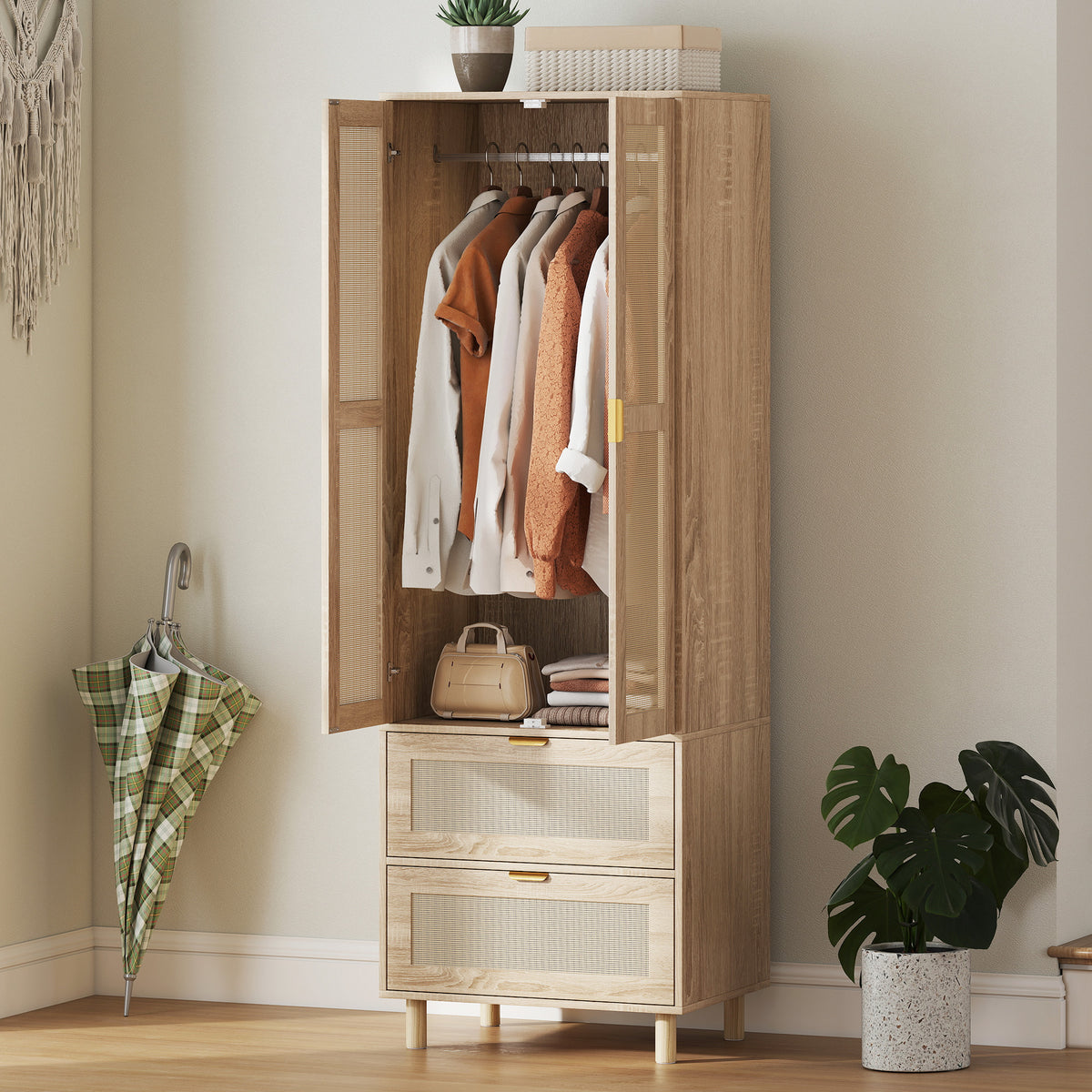 Armoire chambre penderie avec 2 portes en rotin, 2 tiroirs et barre de suspension, 63 x 47 x 185 cm, bois naturel-9