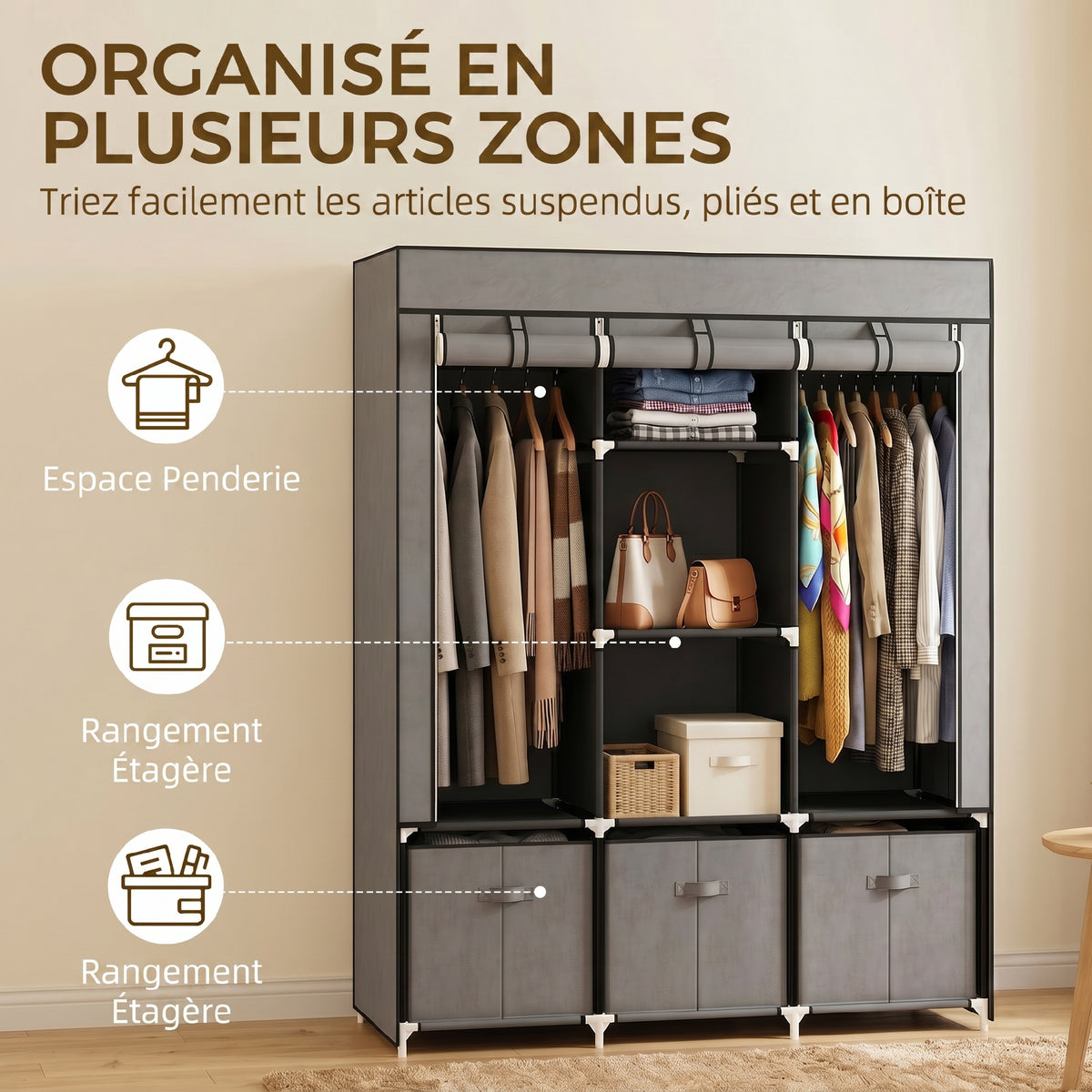 Armoire de rangement en tissu pliable avec 5 étagères, 2 tringles et 3 tiroirs en tissu 125L x 43l x 162.5H cm-3