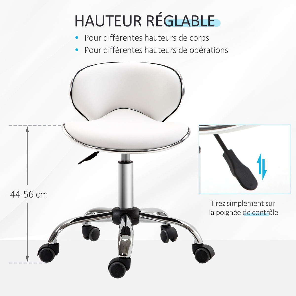 Tabouret à roulettes tabouret de travail avec hauteur réglable 44-56 cm et dossier, pivotant 360°, blanc-3