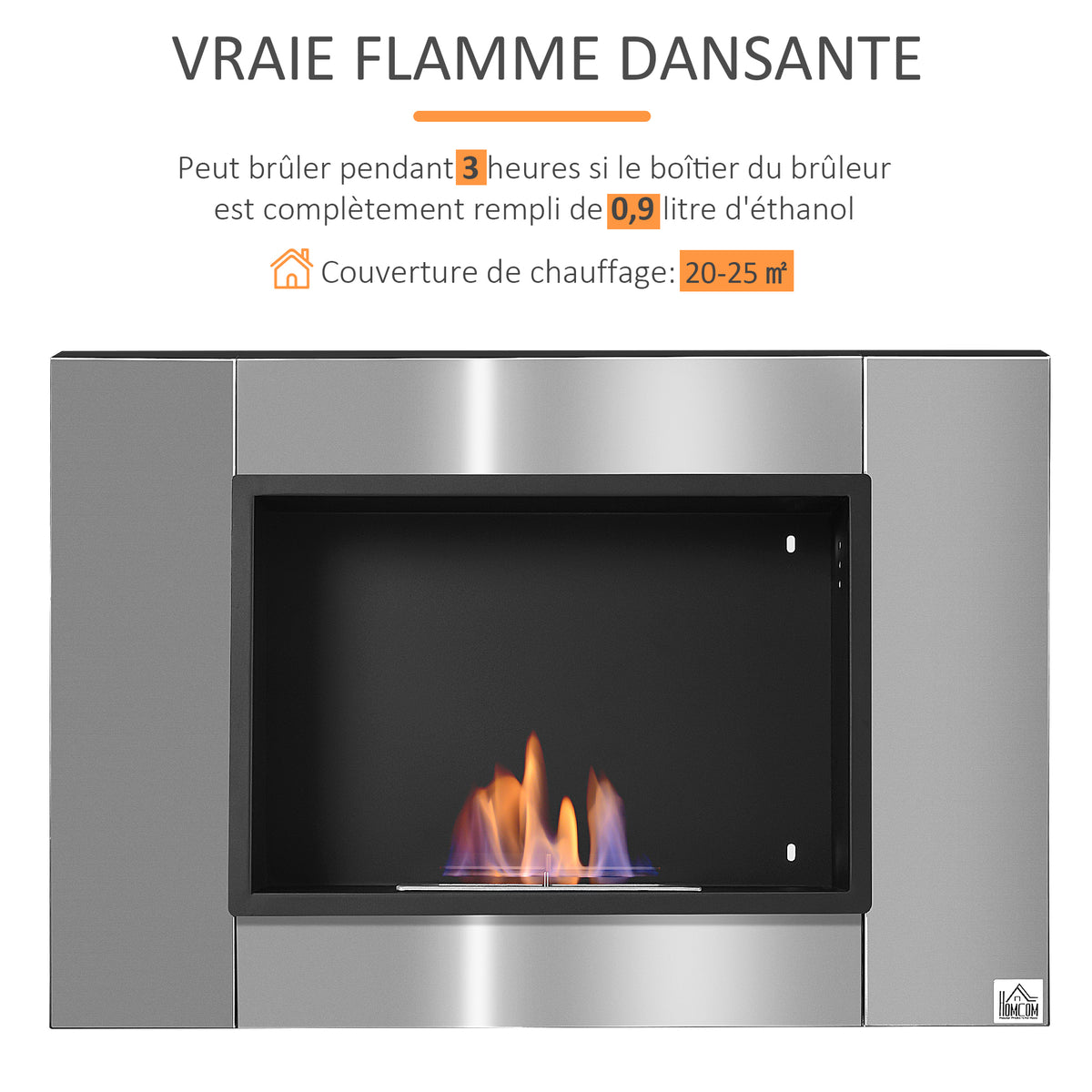 Cheminée bioéthanol Murale encastrable brûleur 0,9 L, environ 3 h de durée de combustion 80L x 14l x 54H cm Couverture 25-30 m² Acier inox-4