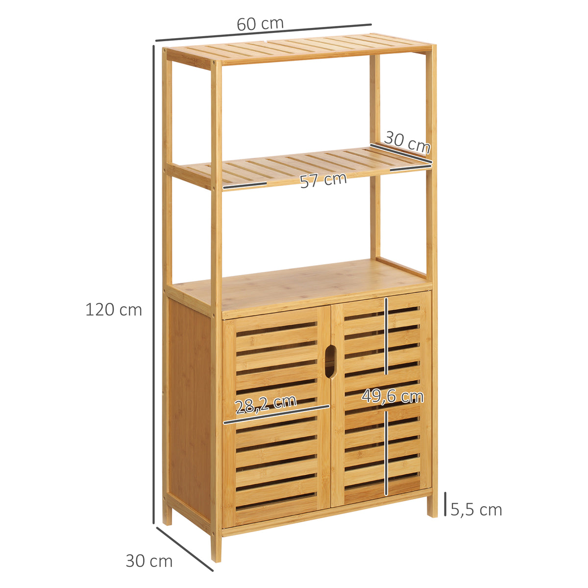 Meuble salle de bain en bambou, armoire salle de bain sur pied, 2 étagères ouvertes et double porte à lattes, naturel-2