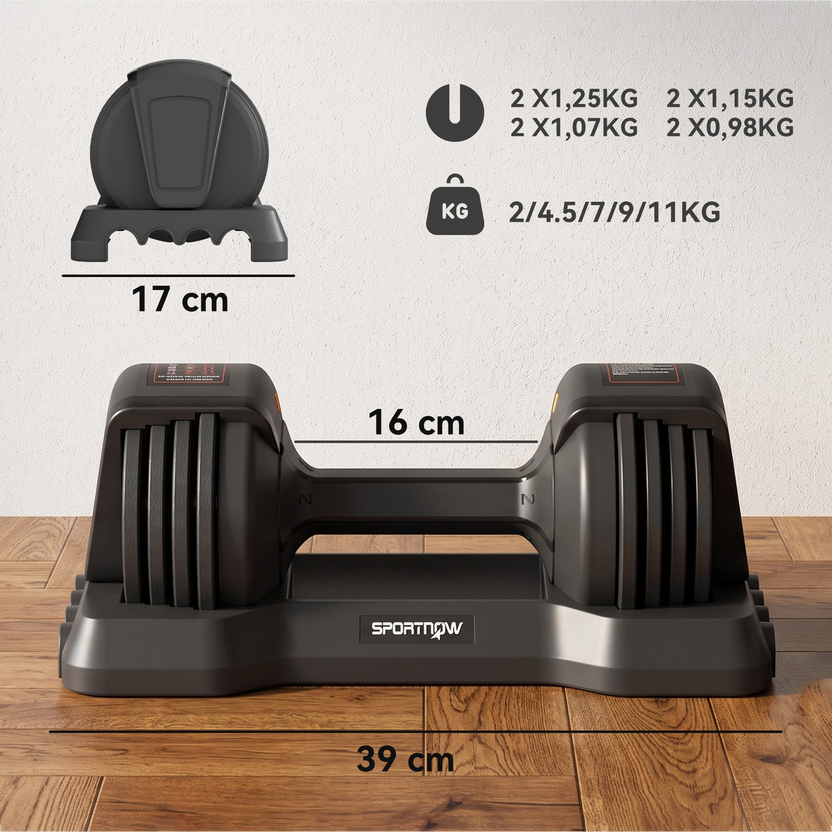 Haltères Réglables Rapide 5 Niveaux, 2 x 11 kg, Verrou de Sécurité, Poignée Antidérapante, Bases de Rangement, Noir-2
