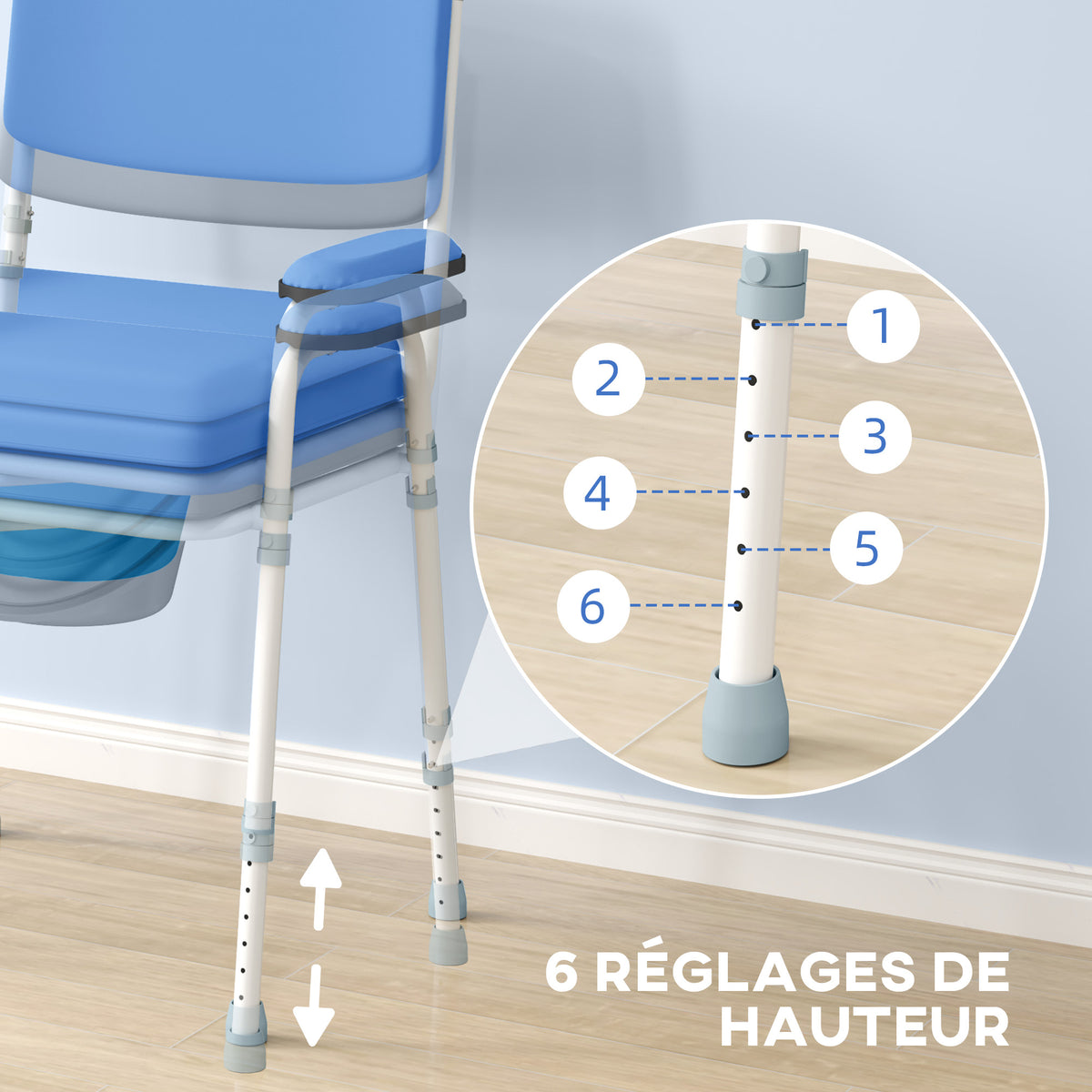 Chaise percée toilette multifonctions seau amovible hauteur réglable avec dossier siège et accoudoirs rembourrés bleu-4