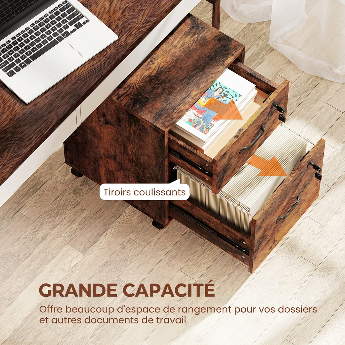 Caisson bureau mobile à 2 tiroirs, meuble rangement bureau sur roulettes pour documents suspendus format lettre, marron-3